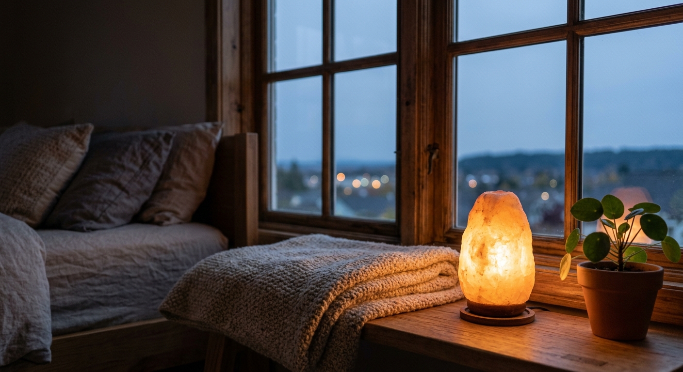 Warm lamplight in a quiet bedroom as evening light fades