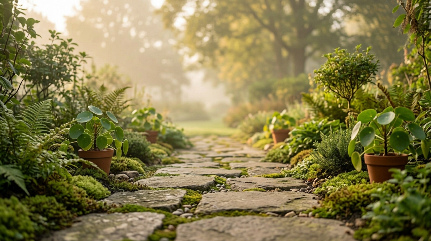 A quiet stone path curving through a green garden in morning light