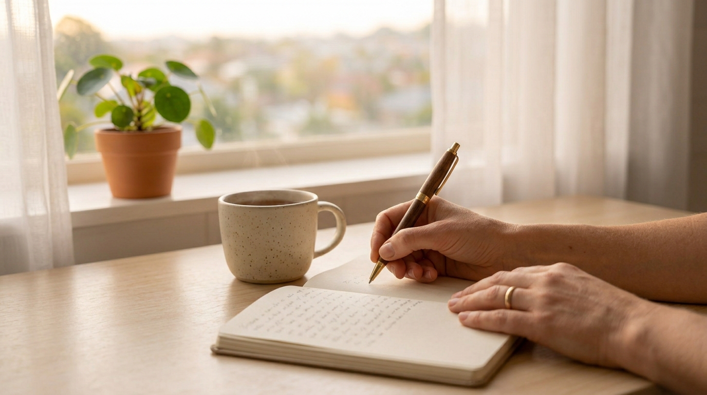 A hand writing in a journal at a window seat in soft morning light
