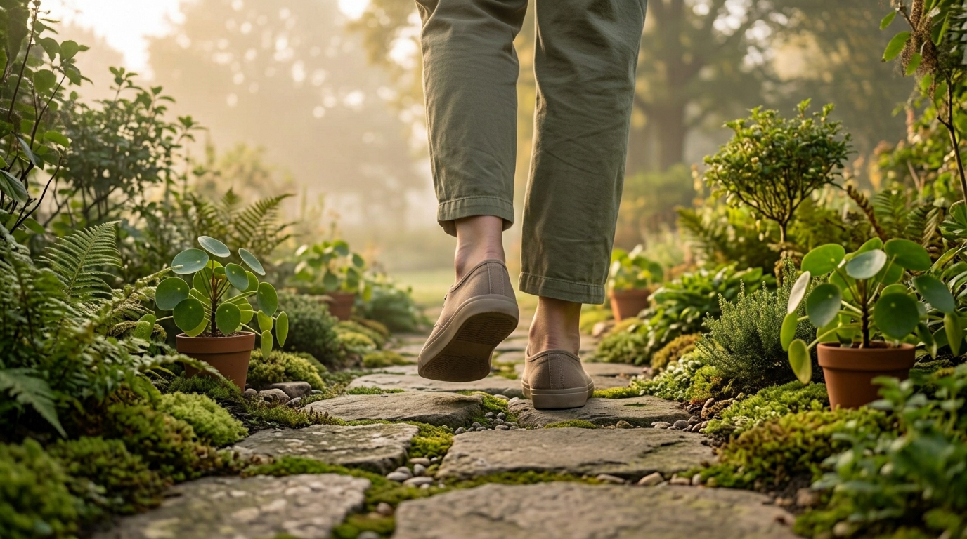 Mindful walking on a mossy stone garden path in soft morning light