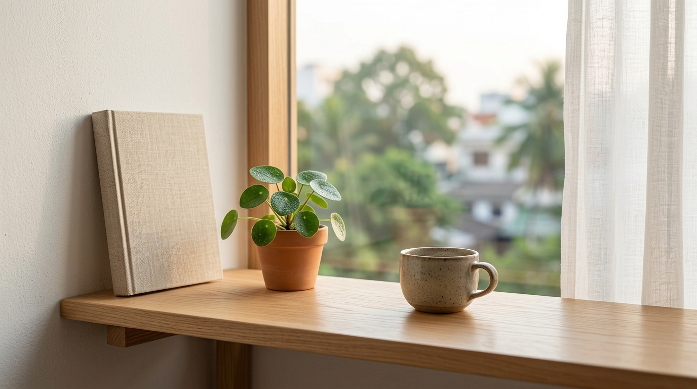 Mindful decluttering: a bare wooden shelf by a window with a linen book, a small plant and a ceramic cup