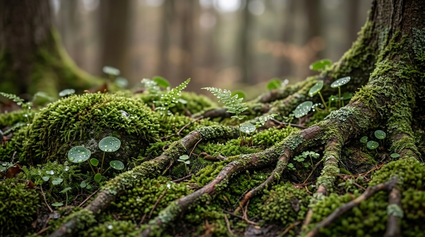 Moss-covered roots and ferns with dew drops on a forest floor in soft light