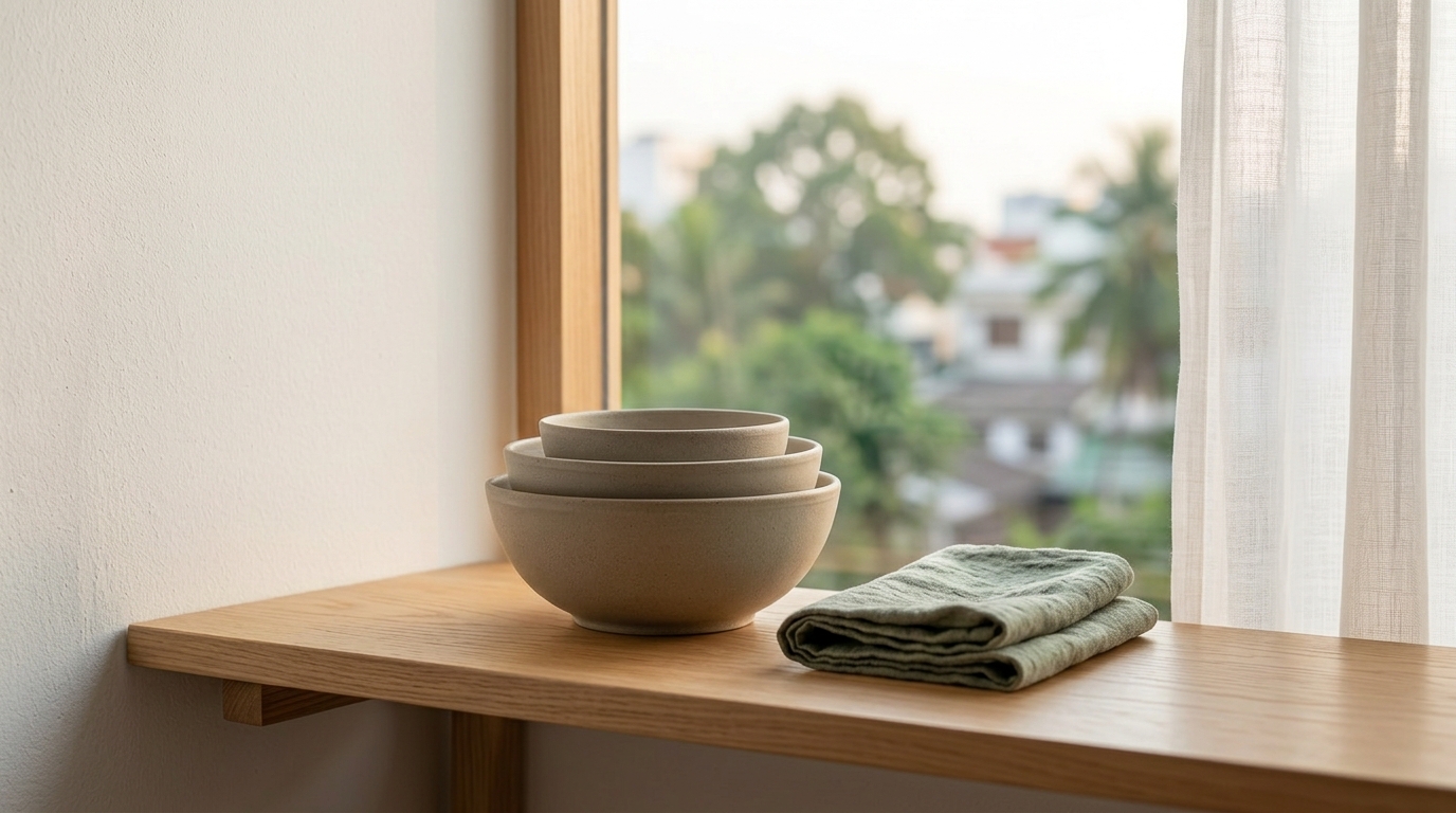 A nested set of simple ceramic bowls and a folded green cloth on a wooden shelf by a window