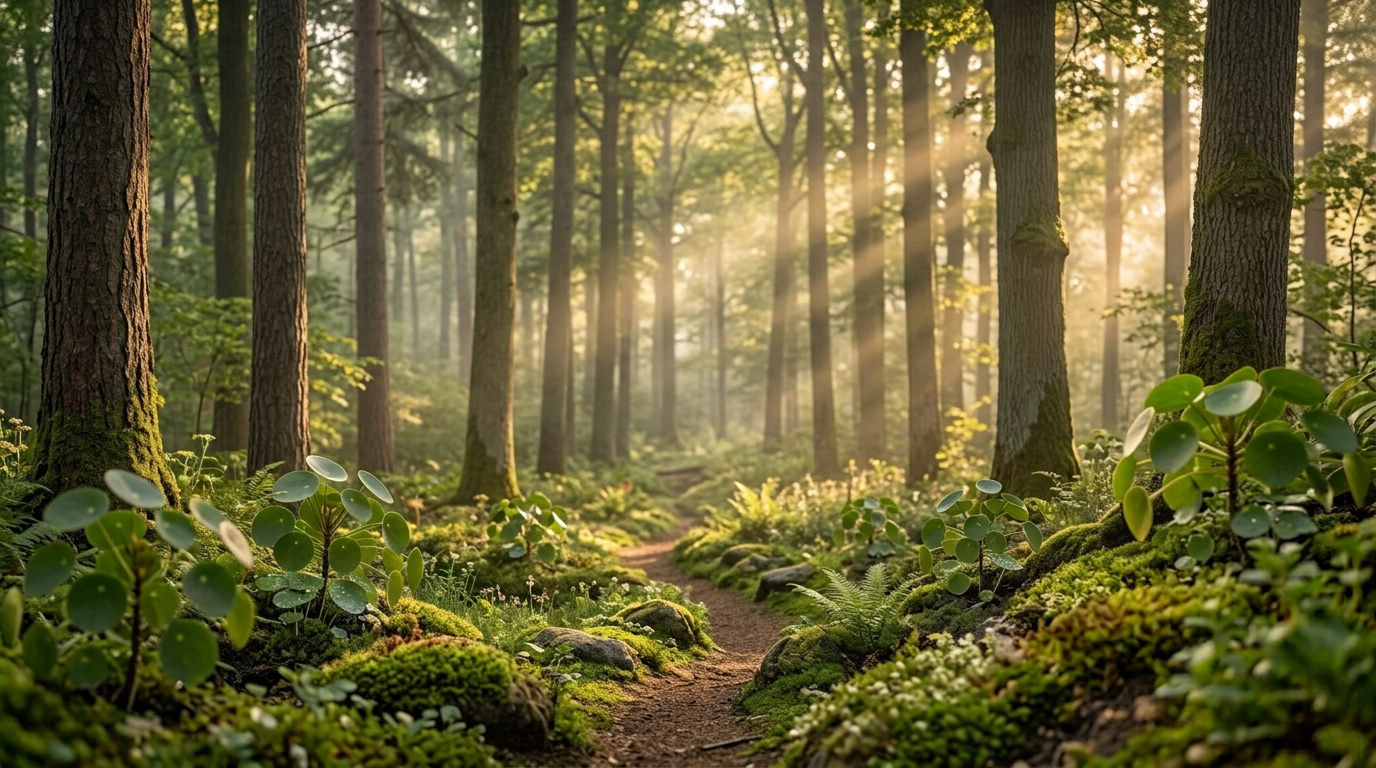 Forest bathing in a sunlit forest with a mossy path in early morning mist