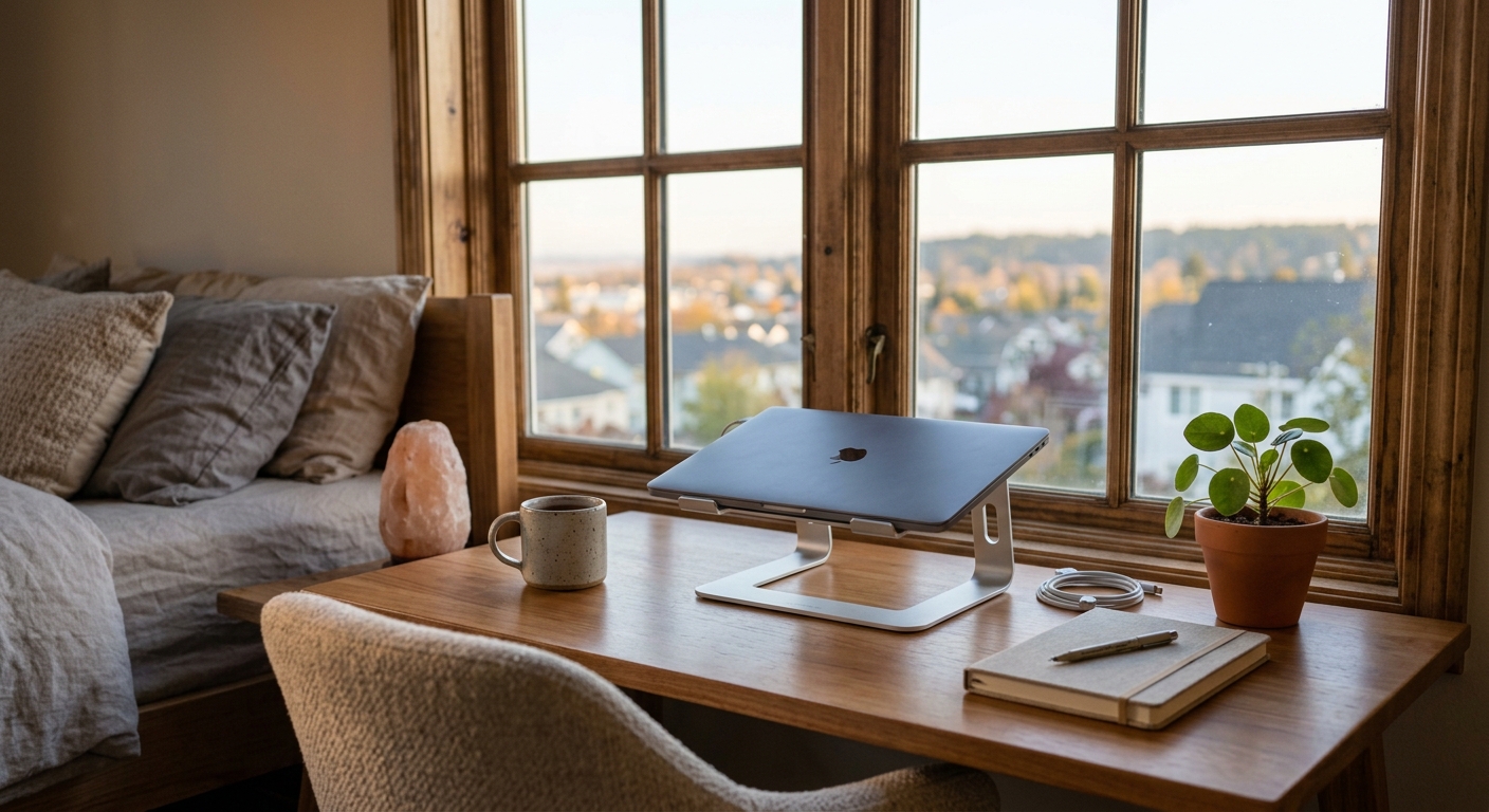 Mindfulness at work: a quiet desk by a window with a laptop raised on a stand and a cup of tea
