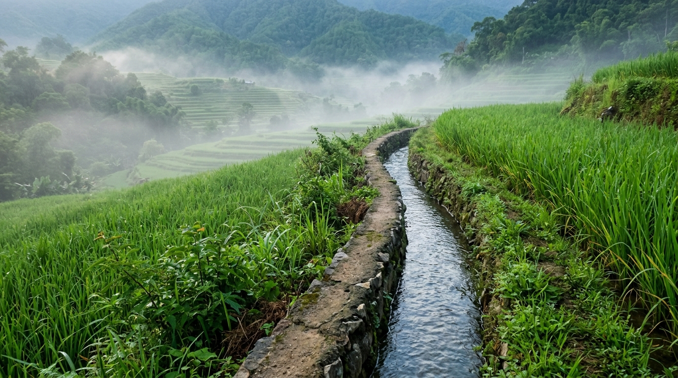 Clear water guided through a stone channel in a green terrace