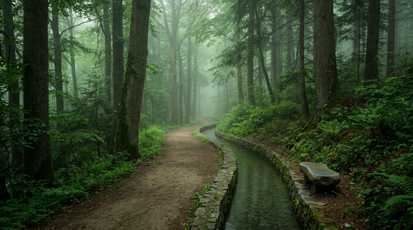 Silence meditation setting: a still forest path in early morning mist