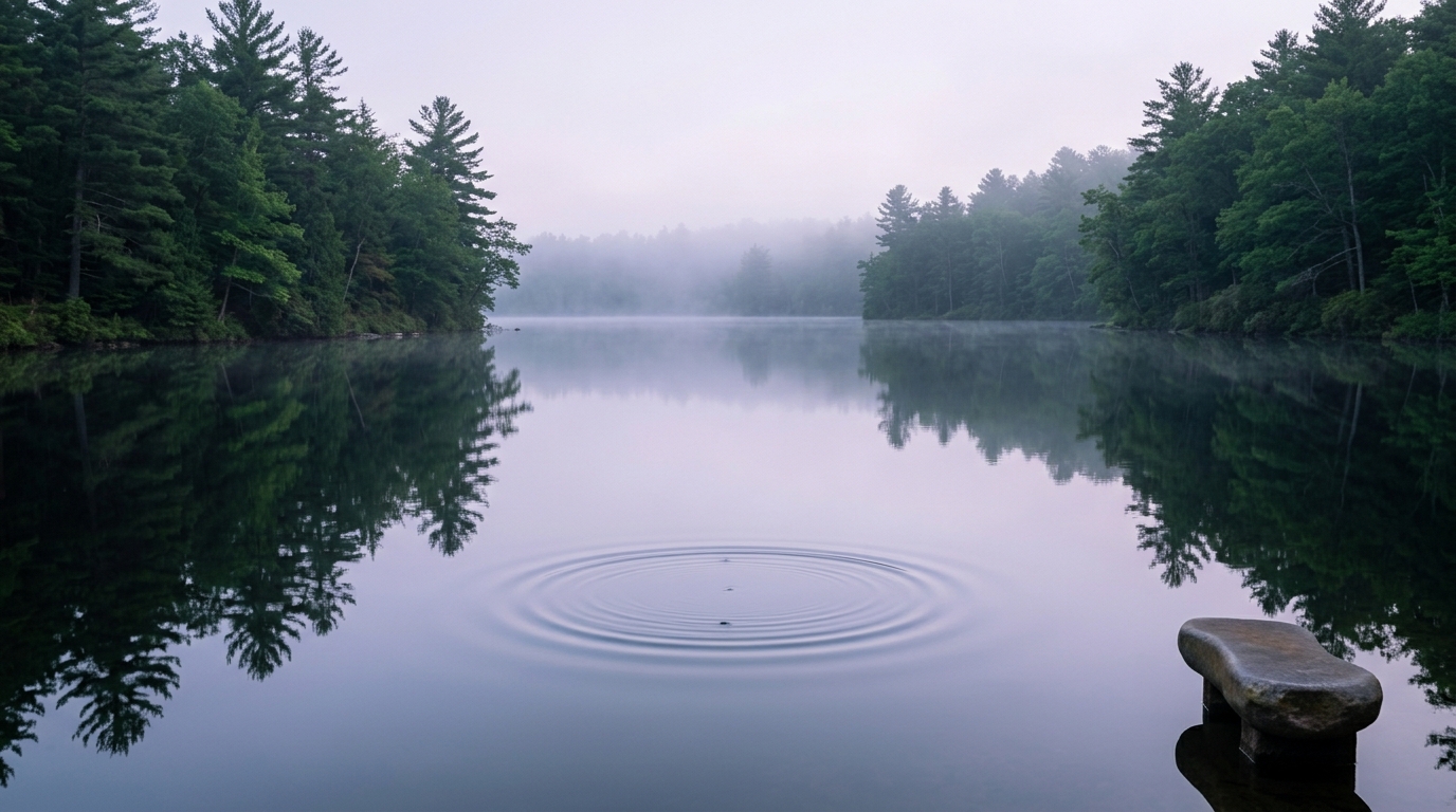 A still pond at dawn with a single ripple