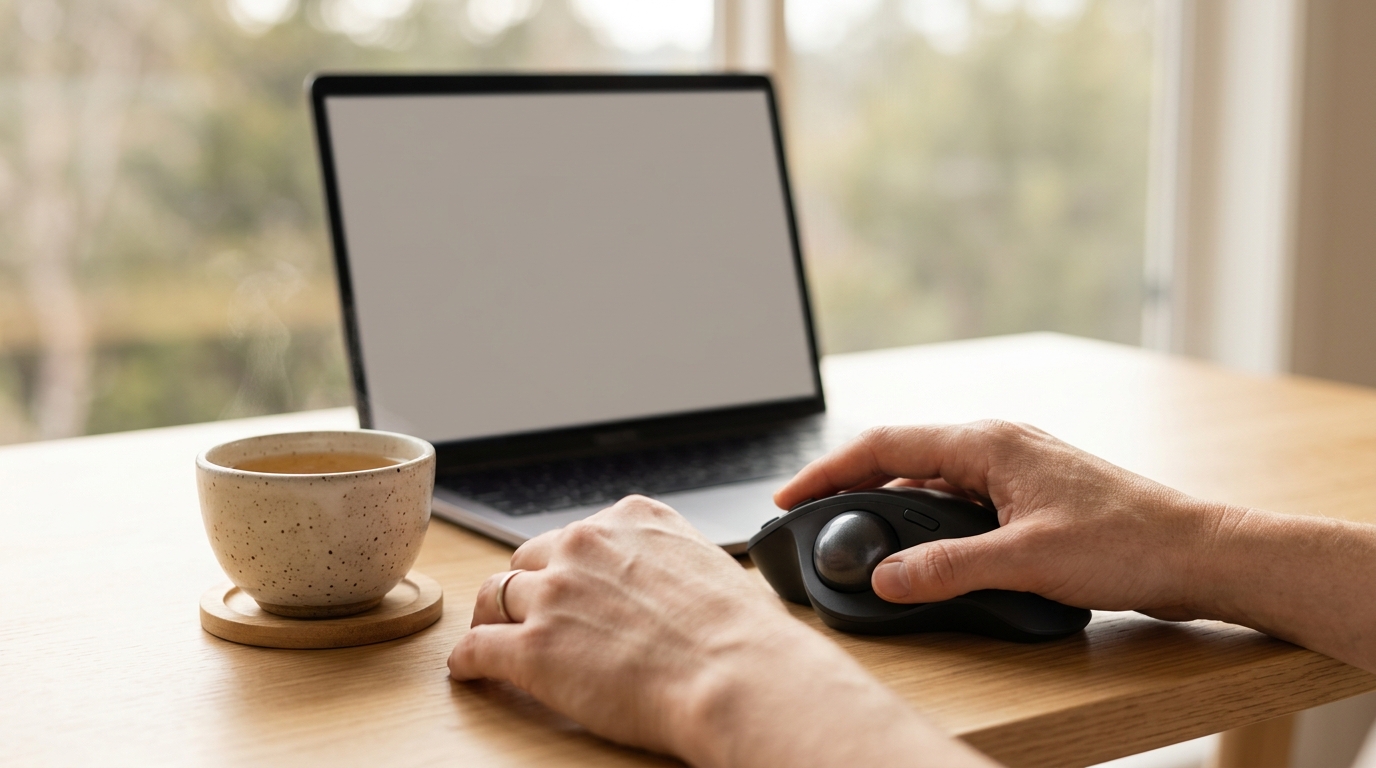 Relaxed hands resting at a desk beside a trackball mouse in soft window light