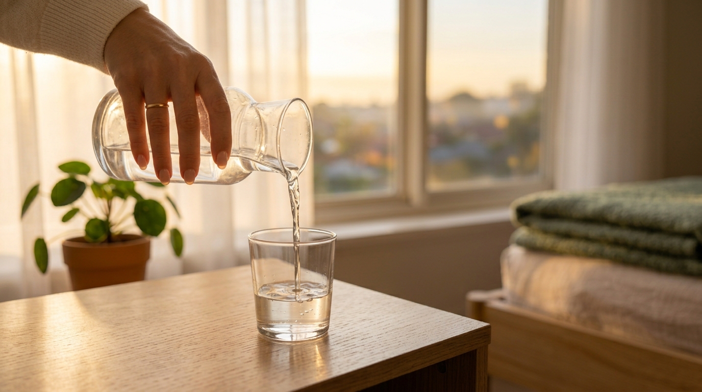 Mindful hydration: water being poured slowly into a glass on a table beside a window in soft morning light