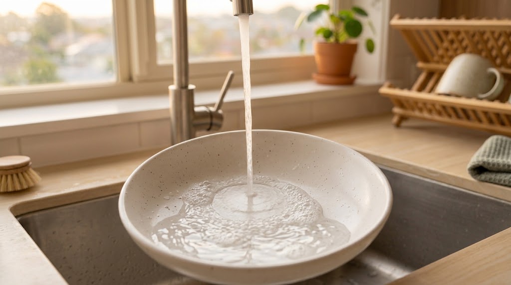 Warm water running into a ceramic bowl in a kitchen sink in soft window light