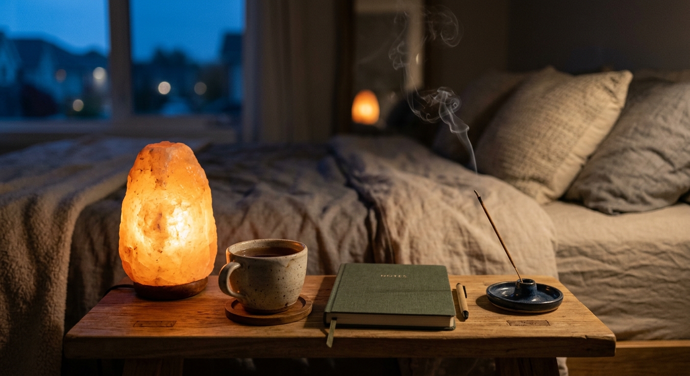 Evening wind-down routine setting: a dimly lit bedside table with a warm lamp and a cup of tea at dusk