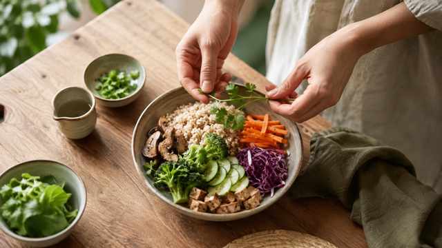 Hands reaching over a bowl of food, mindful eating