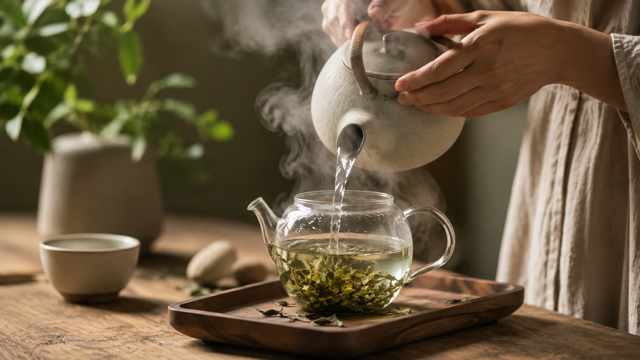 Tea being poured slowly into a clear glass teacup