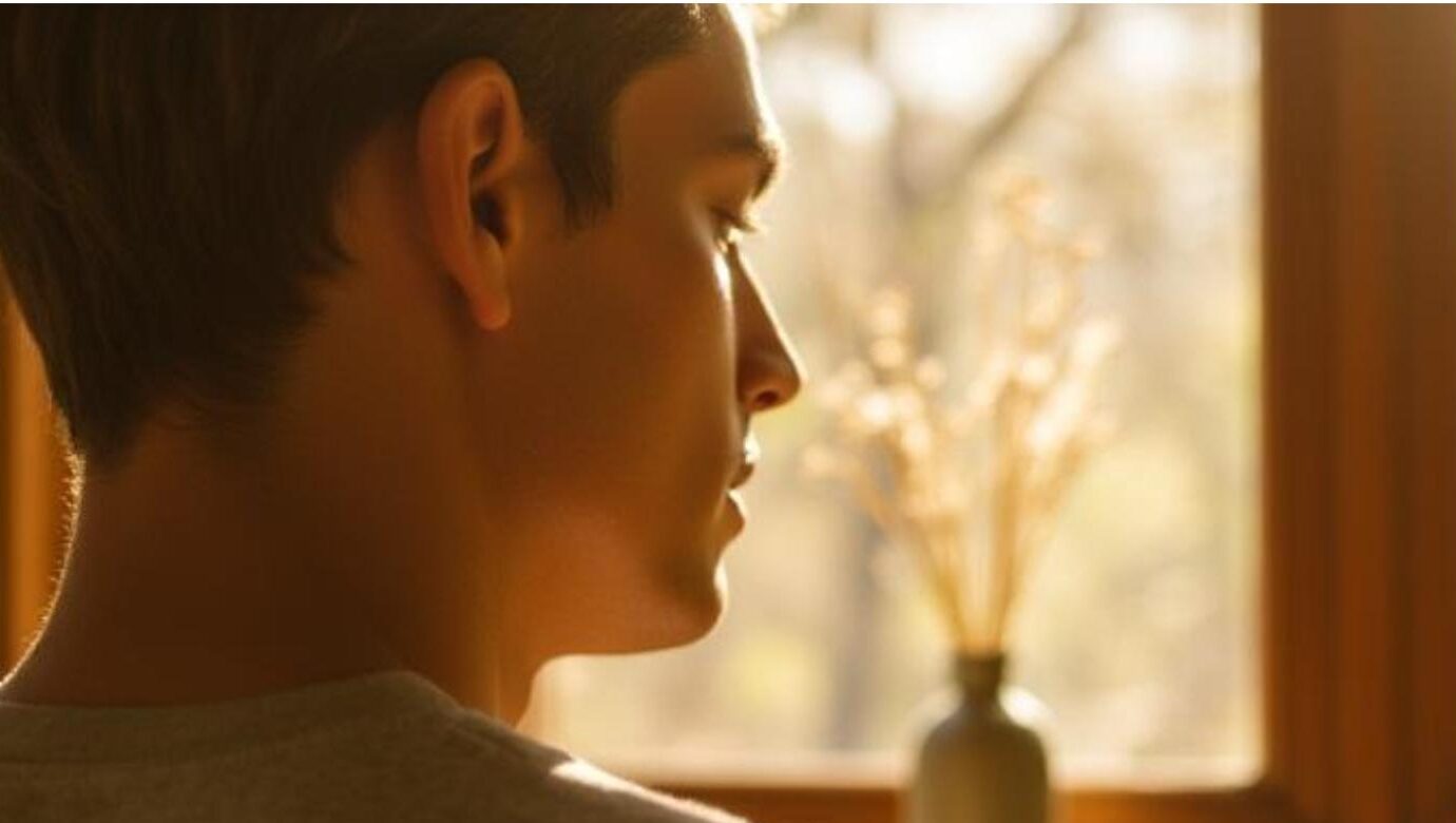 Close-up of a person listening quietly, warm light on the ear